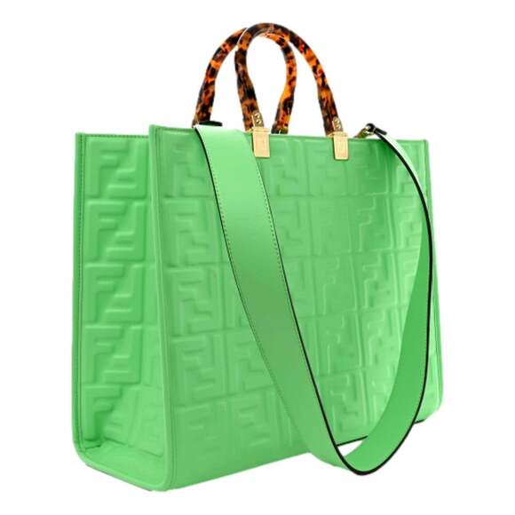 Fendi Sunshine Medium Plexi FF Embossed Leather Tote Edamame - Picture 3 of 12